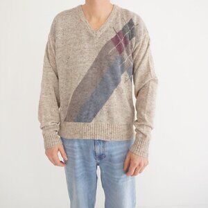 Moss Creek Trader Beige Argyle Diagonal Wool Preppy Eclectic Grandpa Sweater L